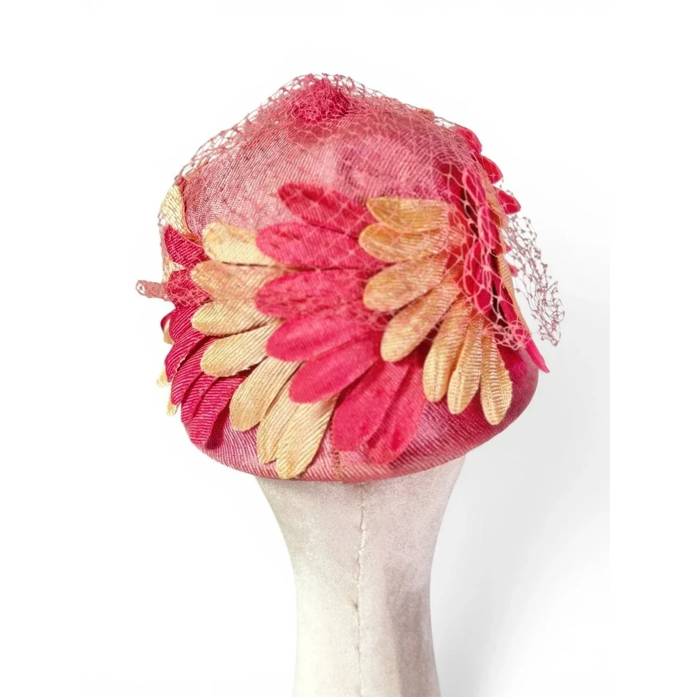 1960'S Vintage Pink and‎ Champagne Petal Cloche Stye Statement Hat with Netting